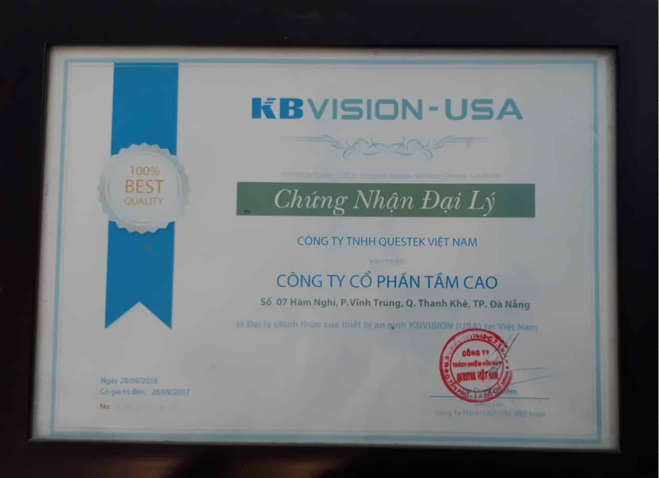 Chứng nhận đại lý camera kbvision tại Đà Nẵng