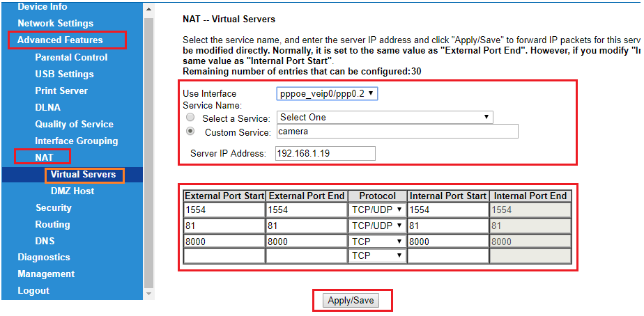 Chọn NAT Port Forwarding Virtual Sever