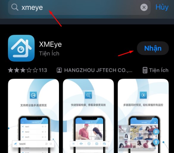 Nhấn vào Nhận để tải app XMeye