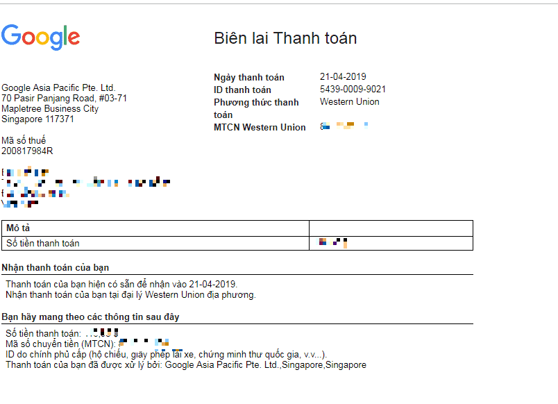 Biên Lai Thanh Toán Google Adsense 2019