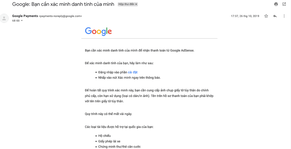 Google gửi email xác minh danh tính