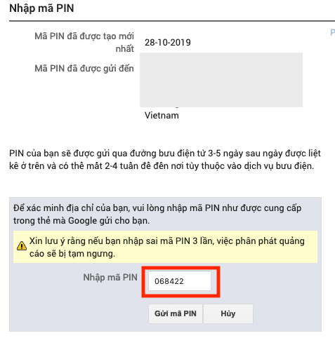 Nhập Mã PIN Google AdSense