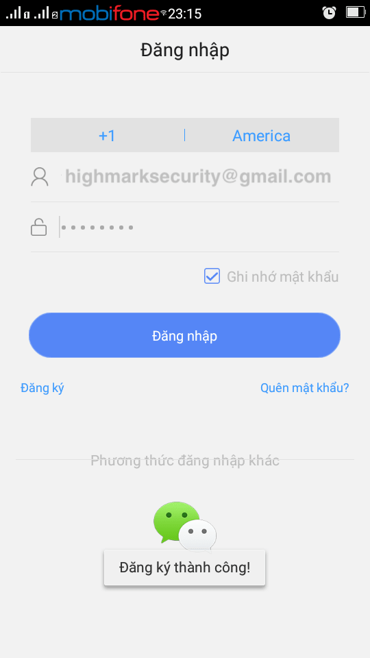 Báo đăng ký tài khoản Yoosee qua email thành công