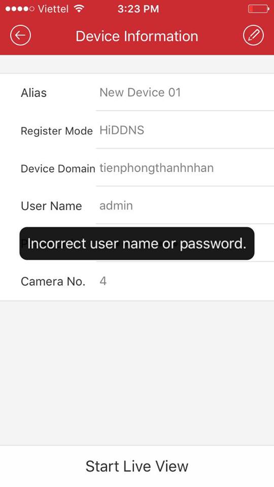 Incorrect user name or password