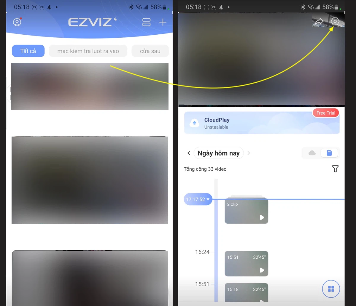 Mở app Ezviz và vào cài đặt