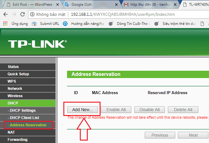 Nhấn vào mục “DHCP”, chọn “Address Revervation”, sau đó chọn “Add New” ở cửa sổ bên phải.