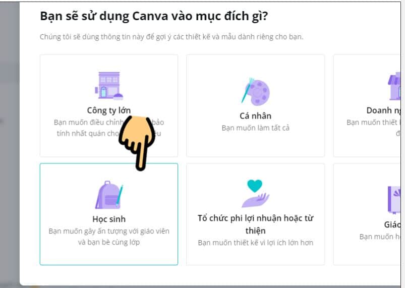 Bạn chọn mục đích sử dụng Canva