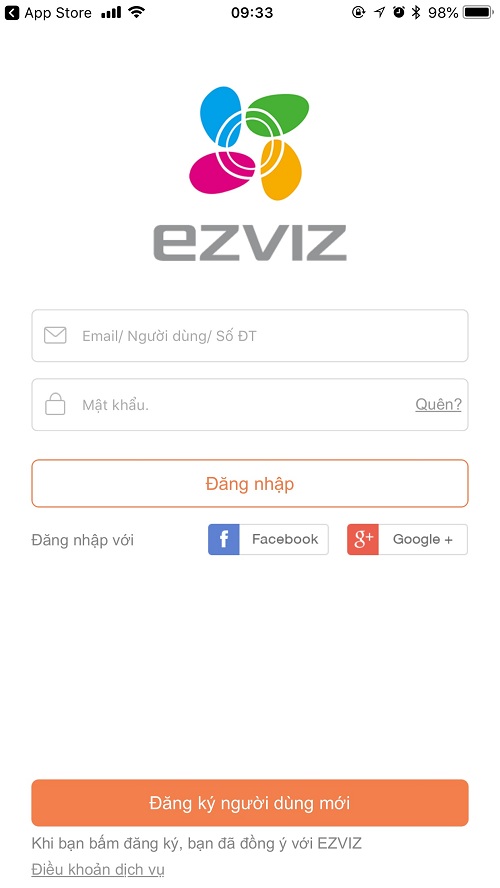 Mở ứng dụng Ezviz đăng nhập