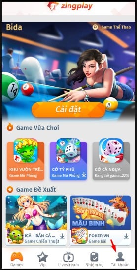 Click chọn nút Tài khoản để đăng ký