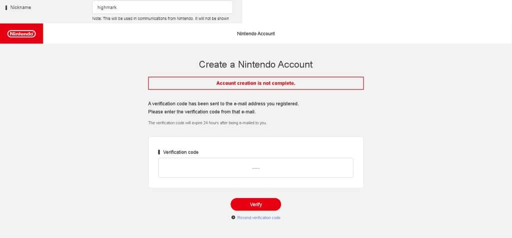 Điền mã Verify Nintendo Switch