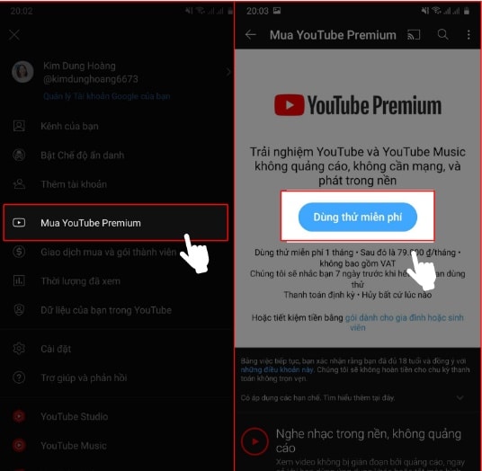 Nhấn chọn mua Youtube Premium