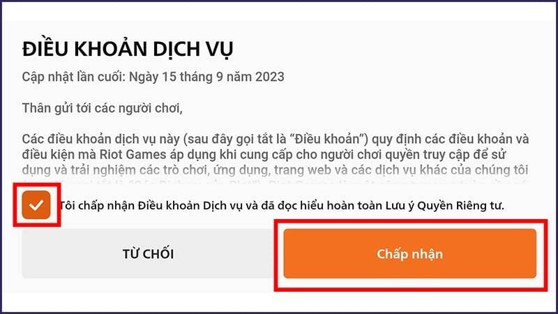 Tích chọn chấp nhật điều khoản