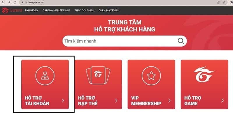 Chọn hỗ trợ tài khoản