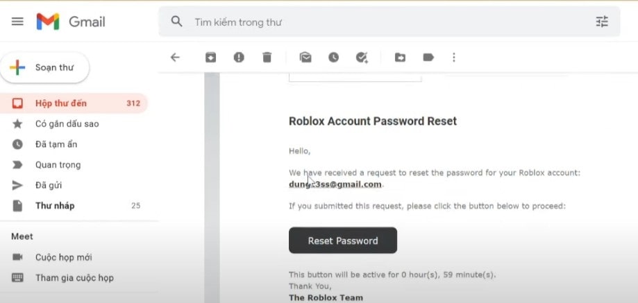 Mở thư ra, sau đó chọn “Reset password”