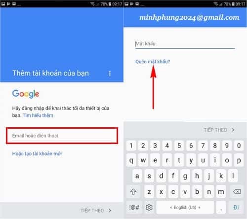 Nhập tài khoản Google và ấn Quên mật khẩu