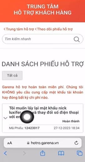 Phiếu hỗ trợ đã tạo